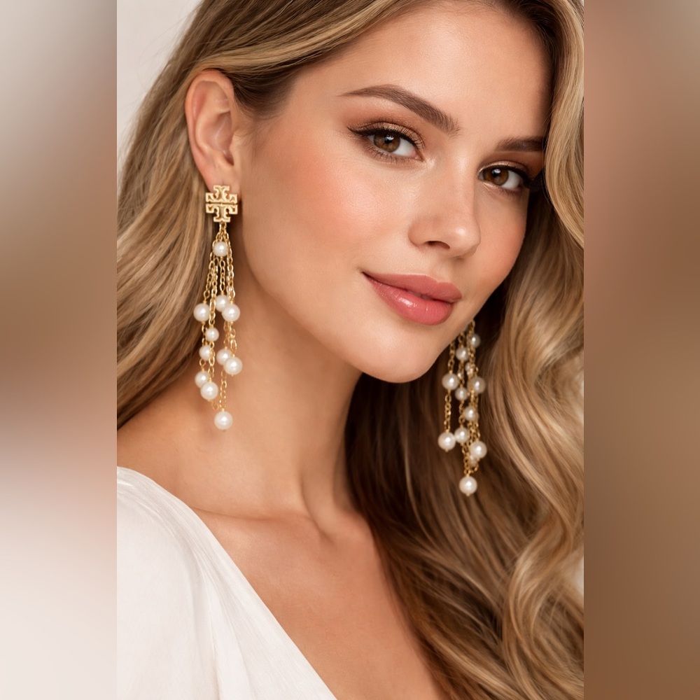 Tory Burch Gold Logo Pearl Tassel Drop Earrings | Statement Dangle - Picture 1 of 12
